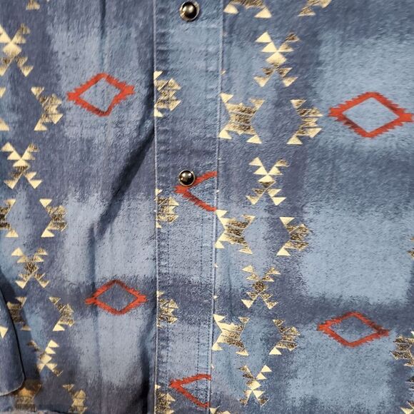 Wrangler Shirt Men Blue Aztec Print Cowboy Western Collar Pearl Snap Button Down - Picture 5 of 9